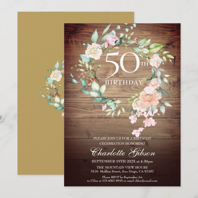 Invitación Guirnalda de Rosas Rústicas Monograma Cumpleaños 5 (Anverso / Reverso)
