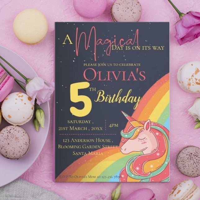 Invitación Guirnalda de unicornio de arcoiris mágico lindo cu (Unicorn Rainbow 5th Magical Kids Birthday Party Invitation)