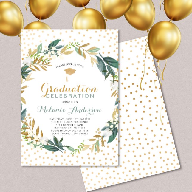 Invitación Guirnalda de verde de oro falso + graduación de co (Subido por el creador)
