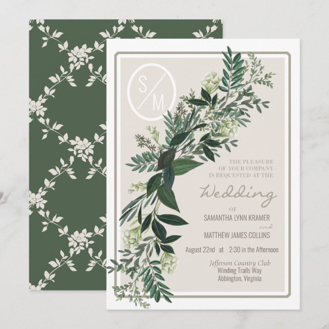 Invitación Guirnalda de verde elegante Helechos y bayas (Anverso / Reverso)