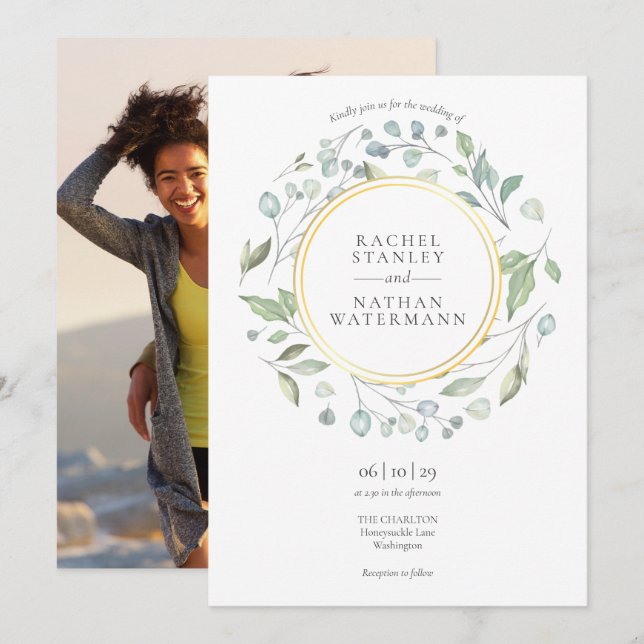 Invitación Guirnalda de Verdor Dorado Geométrico Foto Boda (Anverso / Reverso)