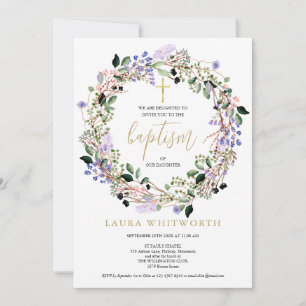 Invitación Guirnalda floral de lavanda para bautizo