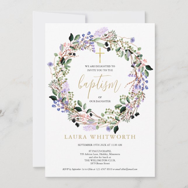 Invitación Guirnalda floral de lavanda para bautizo (Anverso)