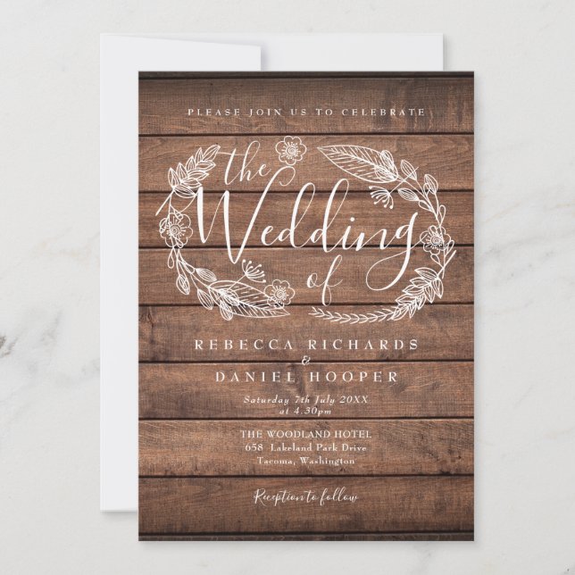 Invitación Guirnalda Floral de Madera Rústica Boda con Letra  (Anverso)