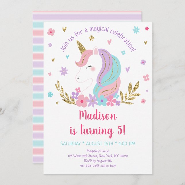 Invitación Guirnalda floral de oro rosado de Unicornio Cumple (Anverso / Reverso)