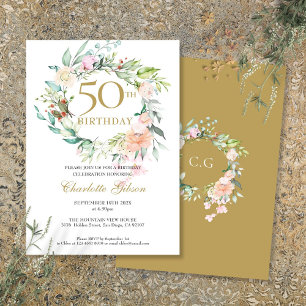 Invitación Guirnalda floral de rosas monograma 50 cumpleaños