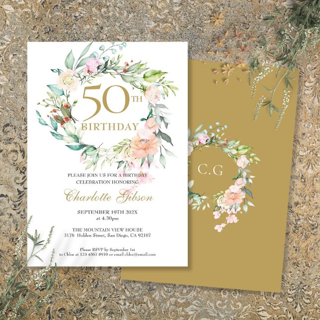 Invitación Guirnalda floral de rosas monograma 50 cumpleaños (Roses Floral Garland Monogram 50th Birthday Invitation)