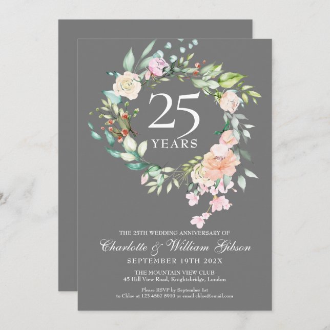 Invitación Guirnalda floral de rosas plateadas del 25º aniver (Anverso / Reverso)