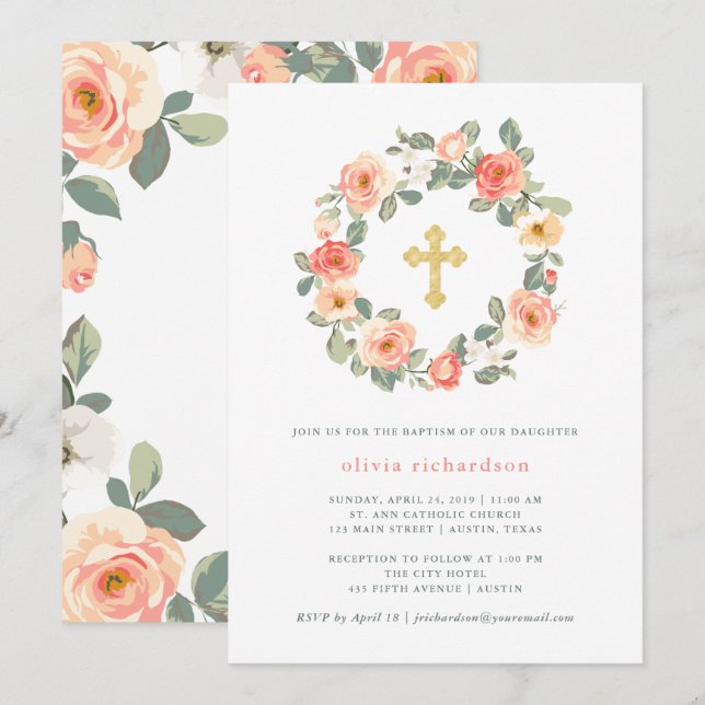 Invitación Guirnalda floral del melocotón bonito con bautismo (Anverso / Reverso)