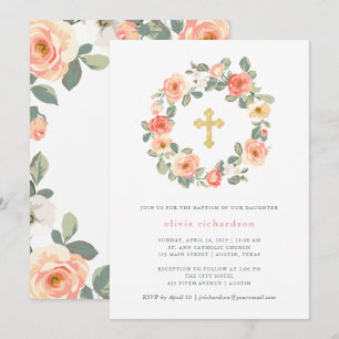 Invitación Guirnalda floral del melocotón bonito con bautismo