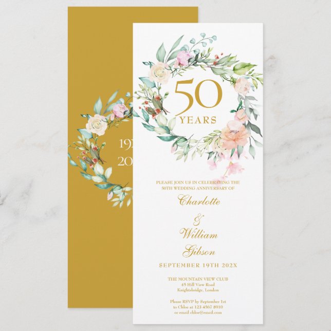 Invitación Guirnalda floral por el 50 aniversario de bodas de (Anverso / Reverso)