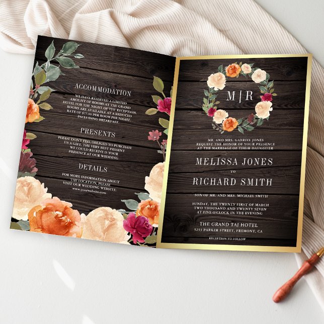 Invitación Guirnalda floral terrosa de madera rústica Código  (Subido por el creador)