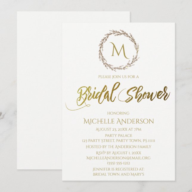 Invitación Guirnalda monográfica blanca de oro simple (Anverso / Reverso)