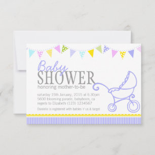 Invitación Guirnalda para baby shower carrito de bebé púrpura
