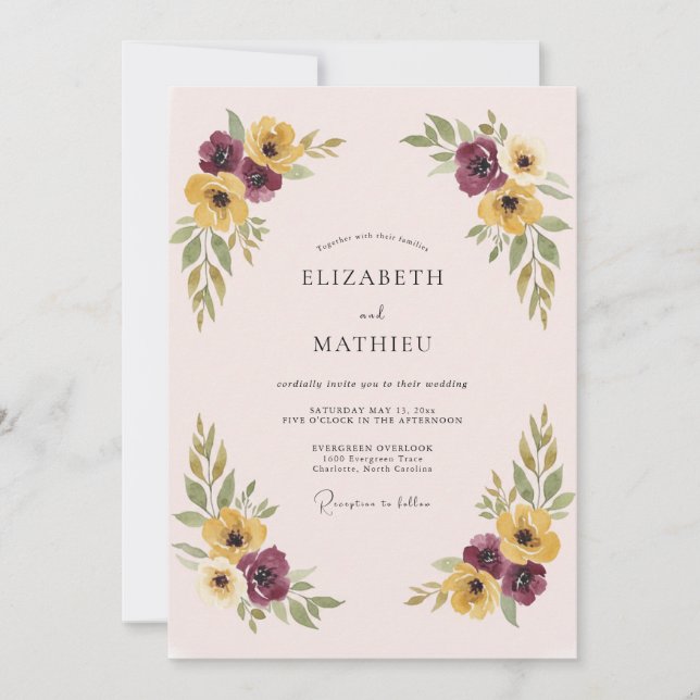 Invitación Guirnalda Pintada Amarilla Ciruela Boda (Anverso)