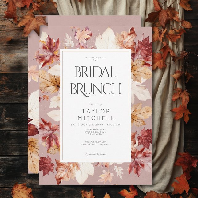 Invitación Guirnalda rusa de otoño deja brunch de novias de v (Rustic Wreath of Fall Leaves Wine Bridal Brunch Invitation)