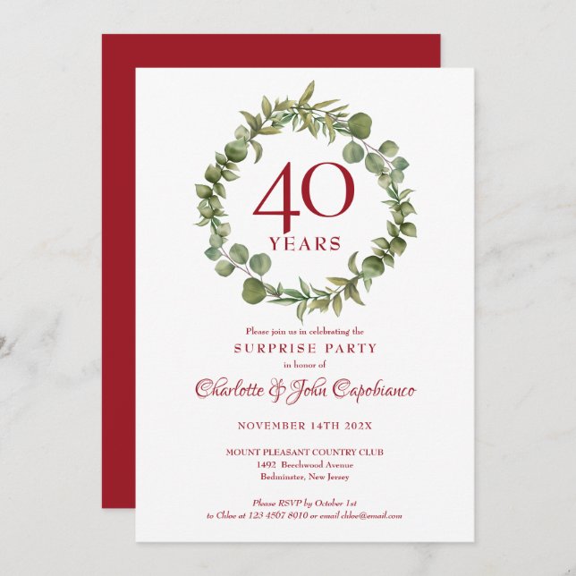 Invitación Guirnalda sorpresa por el 40 aniversario de bodas  (Anverso / Reverso)