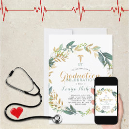 Invitación Guirnalda verde + graduación médica de confeti dor