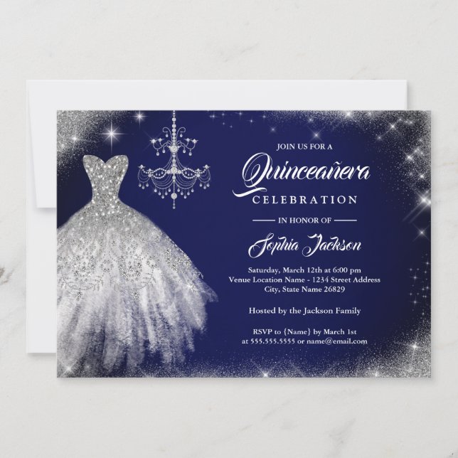 Invitación Guiso de encaje de diamante de plata azul de la ma (Anverso)