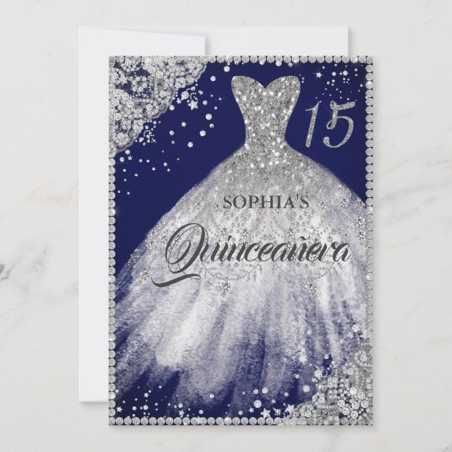 Invitación Guiso de encaje de diamante plateado de la marina  (Anverso)