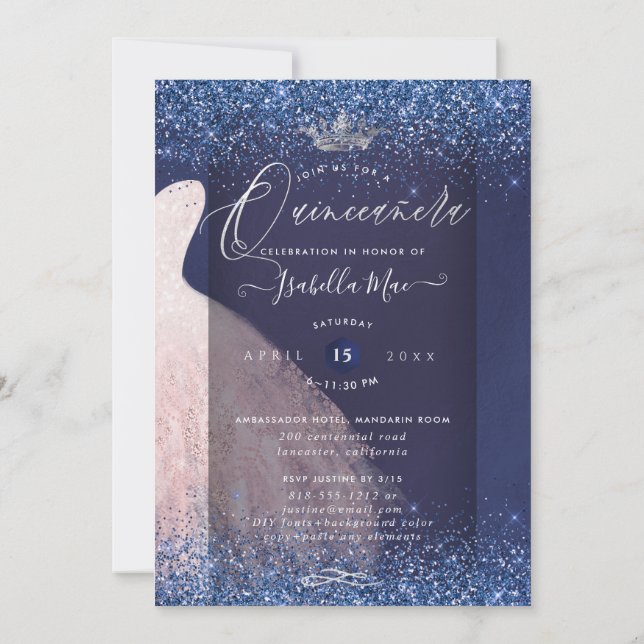 Invitación Guiso de Purpurina Rubor Quinceanera + azul marino (Reverso)