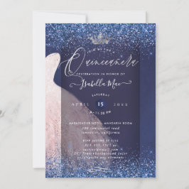Invitación Guiso de Purpurina Rubor Quinceanera + azul marino