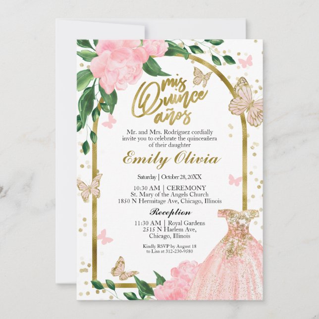Invitación Guiso de Rubor rosa para mariposas bilingües Quinc (Anverso)