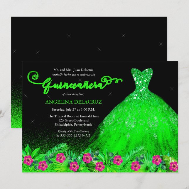 Invitación Guiso español tropical verde esmeralda Quinceañera (Anverso / Reverso)