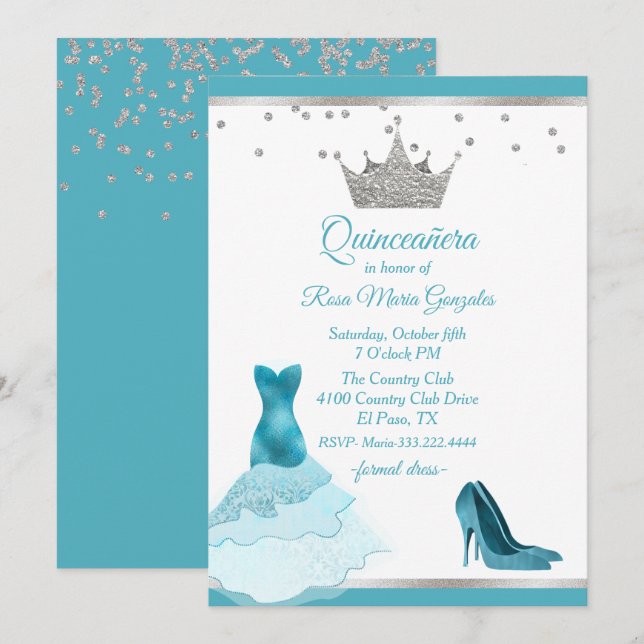 Invitación Guiso y talón verde azulados con quinceañera de la (Anverso / Reverso)