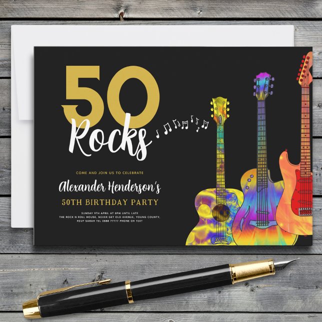 Invitación Guitar 50 hace 50 años de fiesta (50 rocks cool guitar 50th birthday party invitation gold and black)