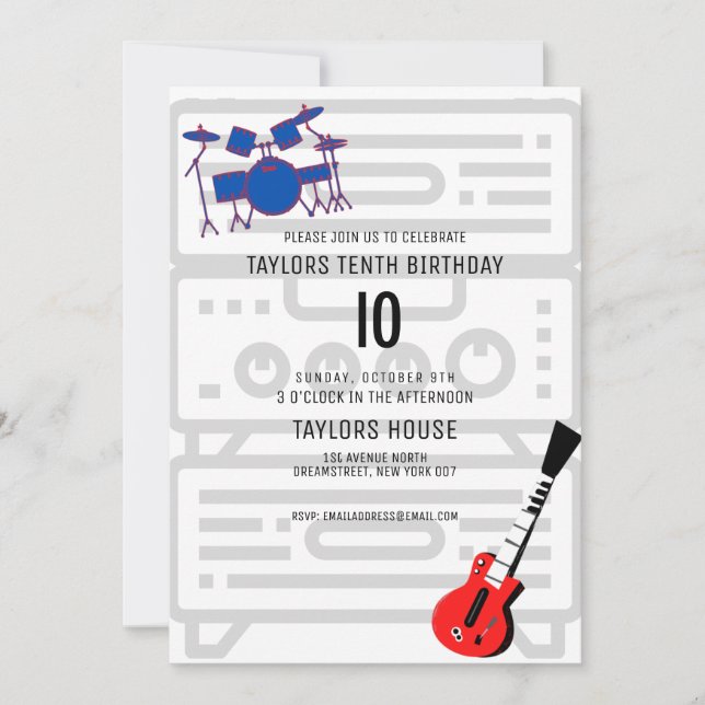 Invitación Guitar Drums Amp Music Birthday Party (Anverso)