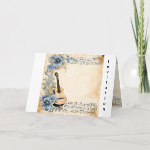Invitación Guitar Music Notes Flowers Blue