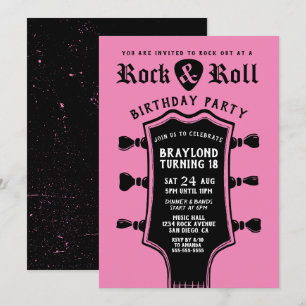 Invitación Guitarra de Rock n Roll Negra y Rosa 