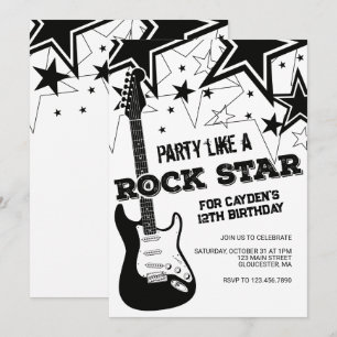 Invitación Guitarra de rockstar cumpleaños en negro y blanco