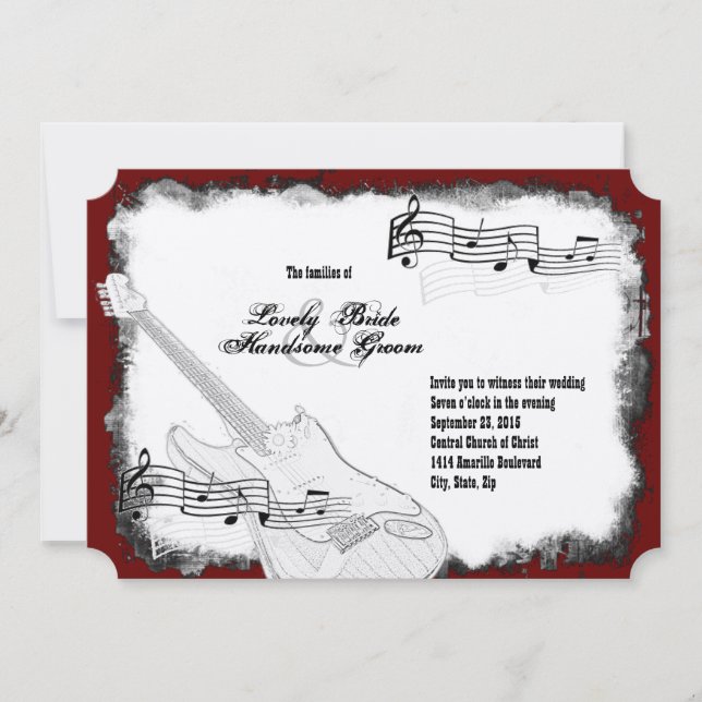 Invitación Guitarra eléctrica Boda de Música Blanco Rojo Negr (Anverso)