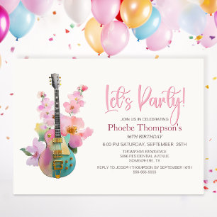 Invitación Guitarra Eléctrica Boho Rosa Floral Cumpleaños de 