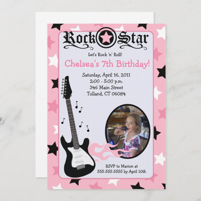 Invitación Guitarra Estrella de Rock Rosa *FOTO* Cumpleaños 5 (Anverso / Reverso)
