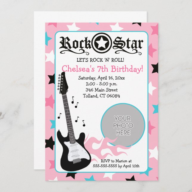 Invitación Guitarra Estrella de Rock Rosa *FOTO* Cumpleaños 5 (Anverso / Reverso)