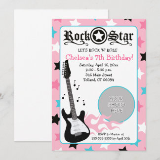 Invitación Guitarra Estrella de Rock Rosa *FOTO* Cumpleaños 5