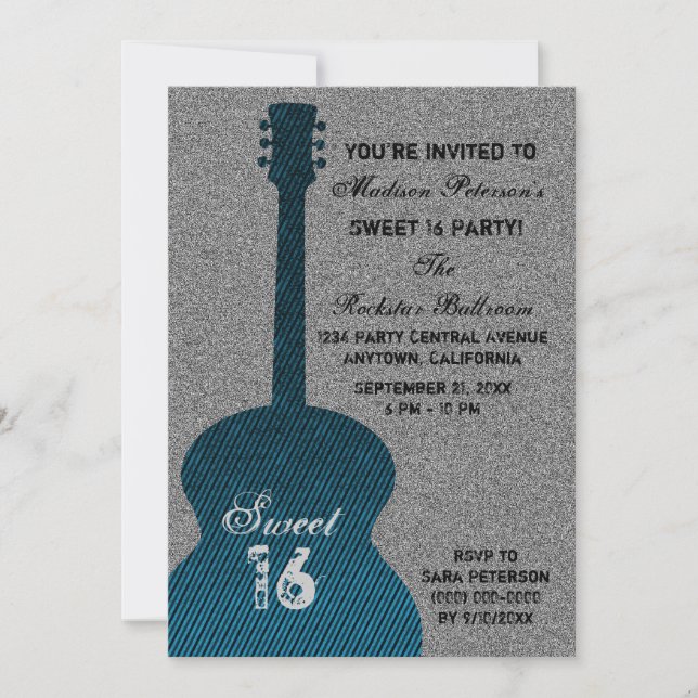 Invitación Guitarra Grunge Stripes Dulce Invitados, Azul (Anverso)