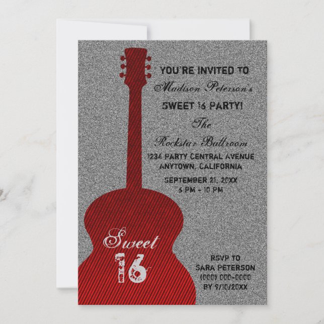 Invitación Guitarra Grunge Stripes Dulce Invitados, Rojo (Anverso)