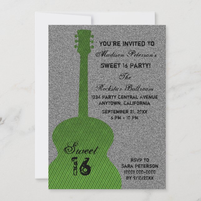 Invitación Guitarra Grunge Stripes Dulce Invitados, Verde (Anverso)