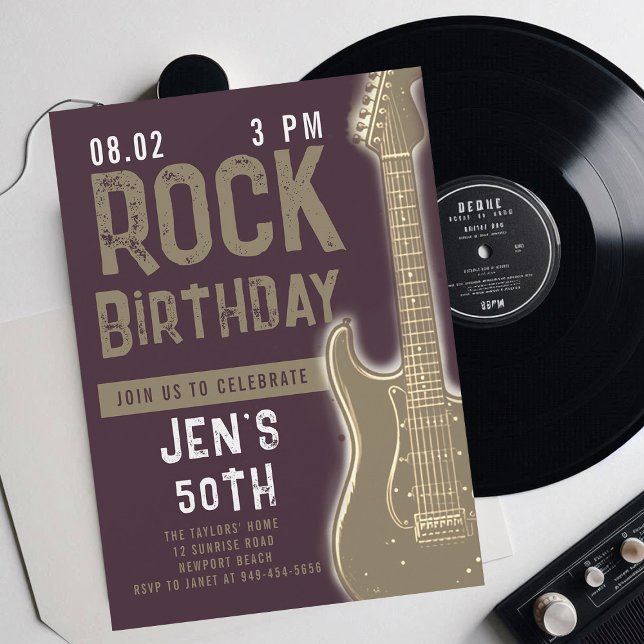 Invitación Guitarra Música Rock Grunge Adulto Cumpleaños (music musician rock adult birthday party invitation women modern purple gold electric guitar modern)