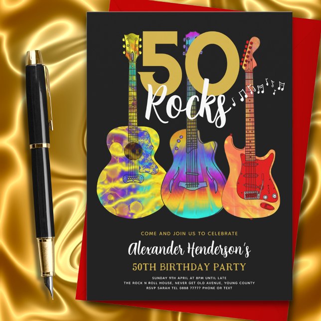 Invitación Guitarra Negra y Dorada fiesta de cumpleaños númer (50 rocks colorful guitar black and gold 50th Birthday party invitation music theme)