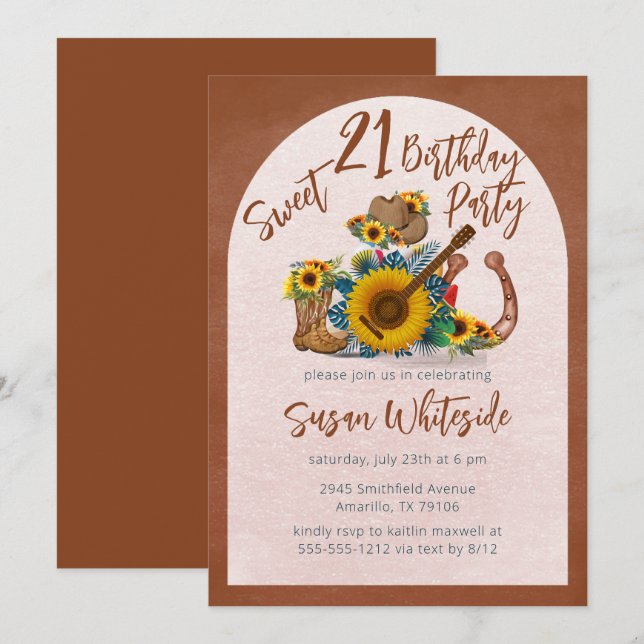 Invitación Guitarra Occidental Boho Girasoles Dulces Fiesta 2 (Anverso / Reverso)