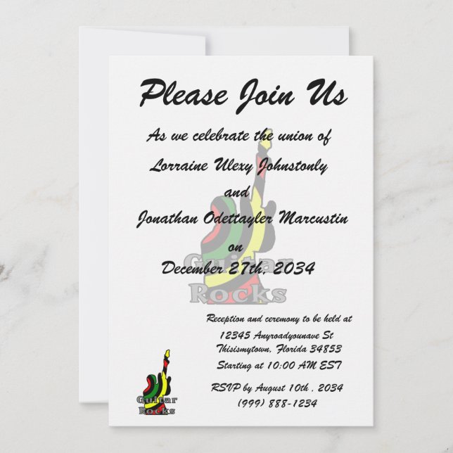 Invitación guitarra rocas rasta texto sosteniendo electricida (Anverso)