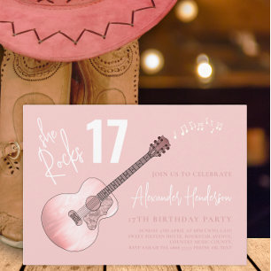 Invitación Guitarra Rosada de música country Fiesta de cumple
