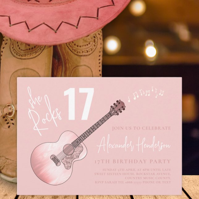 Invitación Guitarra Rosada de música country Fiesta de cumple (Cool country music pink guitar 16th birthday party invitation )