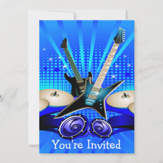 Invitación Guitars eléctricos azules, tambores y altavoces Fi