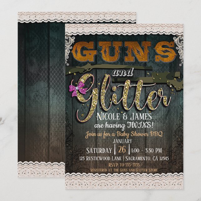Invitación GUNAS Y PURPURINA Wood Lace Rustic Baby Shower (Anverso / Reverso)